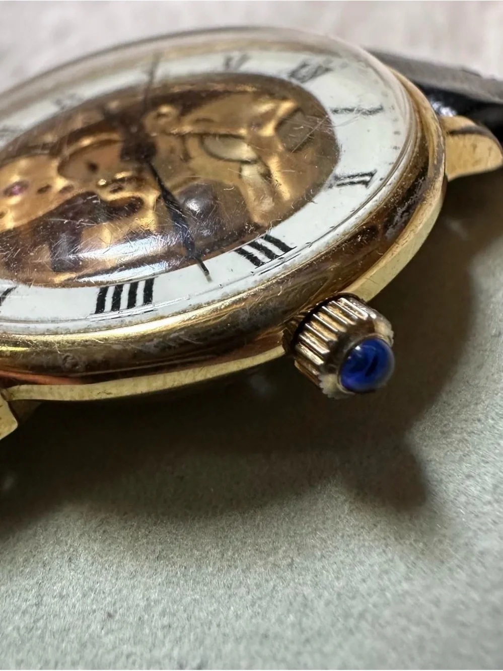 Vintage Men’s Zeon Gold Skeleton Dial Watch with Black Leather Strap